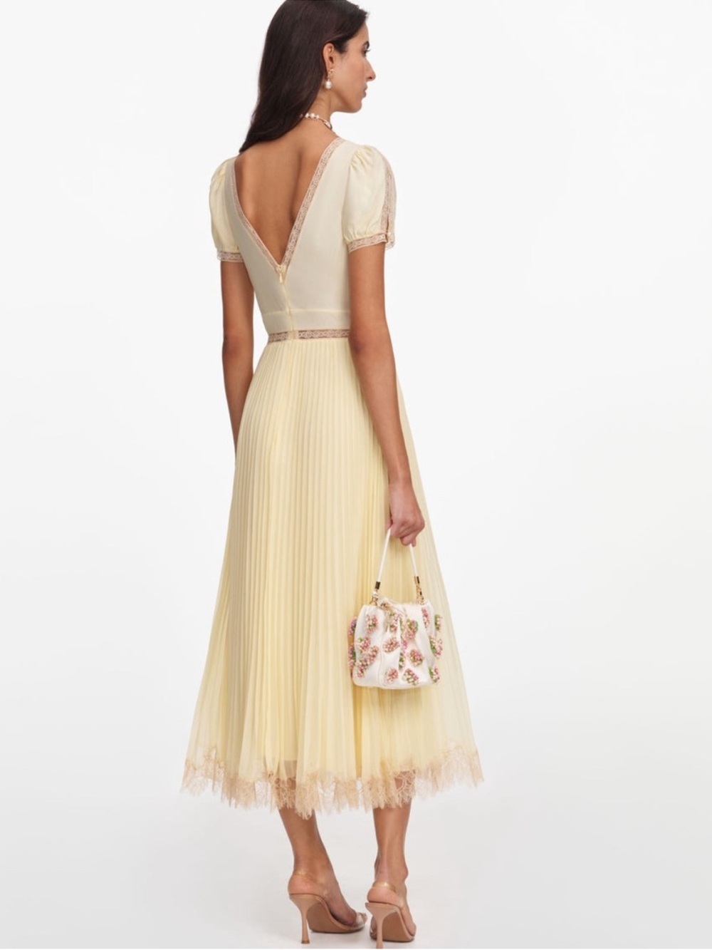 NEW Self-Portrait yellow lace-trimmed pleated midi dress
